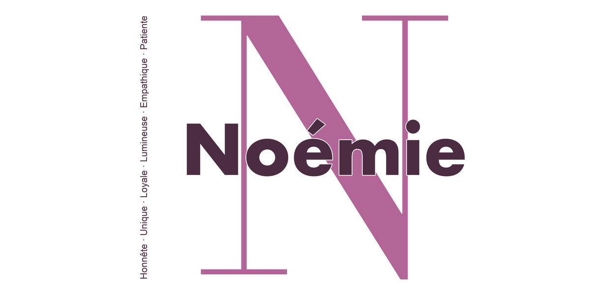Visuel à plat du mug prénom Noémie : initiale N pleine hauteur, prénom Noémie centré et ligne verticale « Honnête · Unique · Loyale · Lumineuse · Empathique · Patiente »