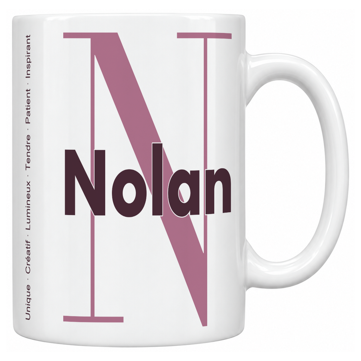 Mug blanc céramique 330 ml prénom Nolan : grande initiale N, prénom Nolan en lettres bold et six qualités verticales sur le côté