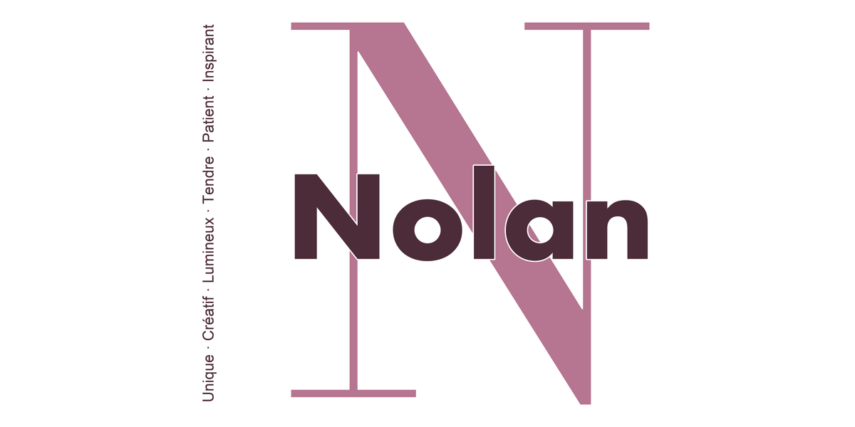 Visuel à plat du mug prénom Nolan : initiale N pleine hauteur, prénom Nolan centré et ligne verticale « Unique · Créatif · Lumineux · Tendre · Patient · Inspirant »