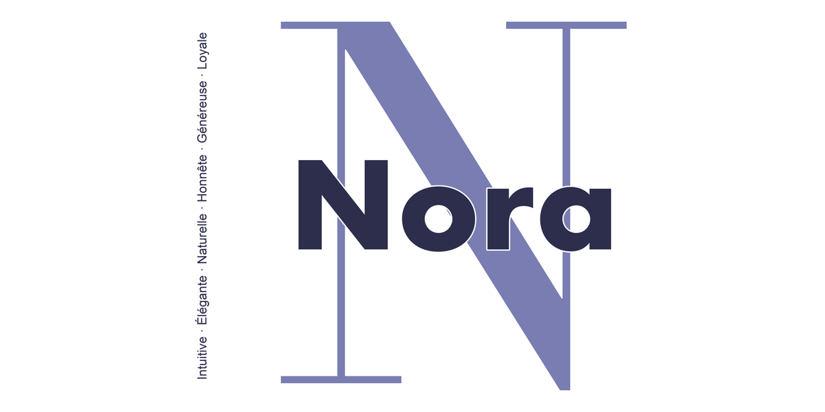 Visuel à plat du mug prénom Nora : initiale N pleine hauteur, prénom Nora centré et ligne verticale « Intuitive · Élégante · Naturelle · Honnête · Généreuse · Loyale »