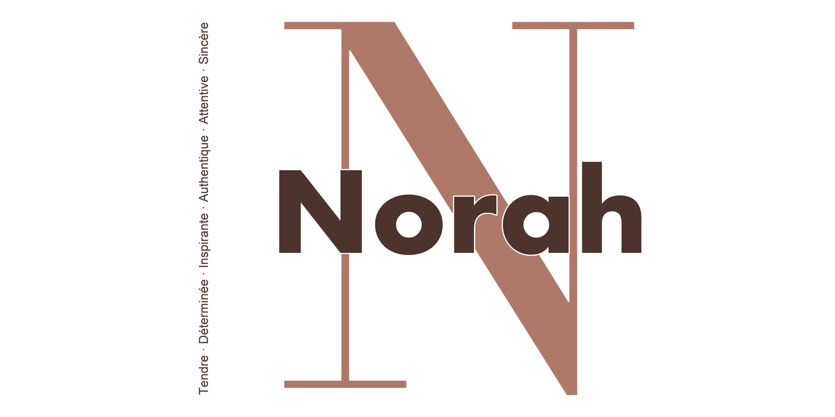 Visuel à plat du mug prénom Norah : initiale N pleine hauteur, prénom Norah centré et ligne verticale « Tendre · Déterminée · Inspirante · Authentique · Attentive · Sincère »