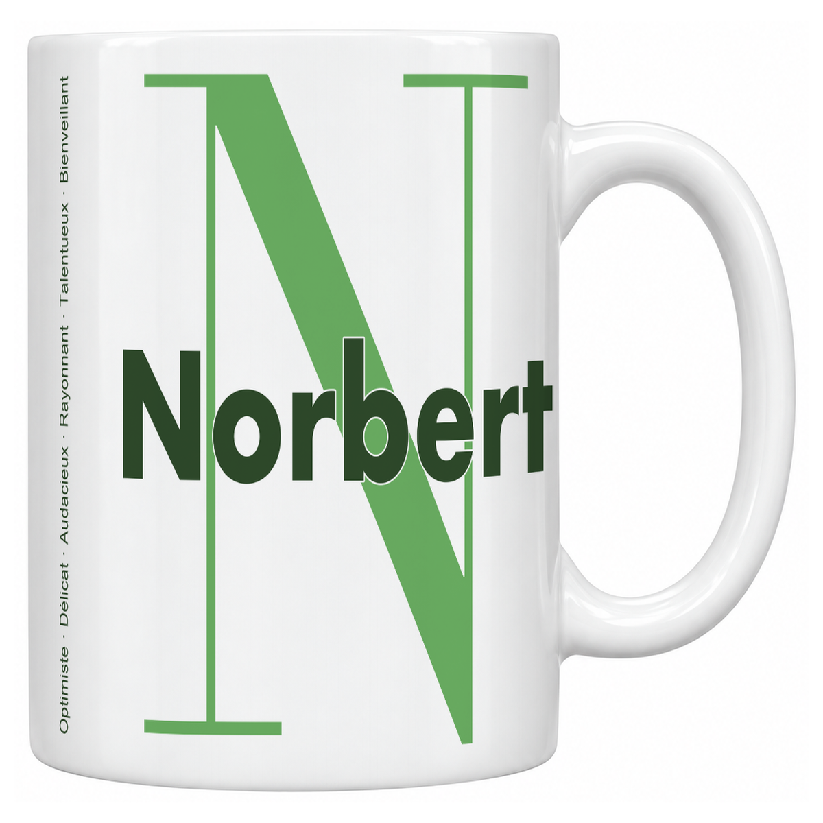 Mug blanc céramique 330 ml prénom Norbert : grande initiale N, prénom Norbert en lettres bold et six qualités verticales sur le côté
