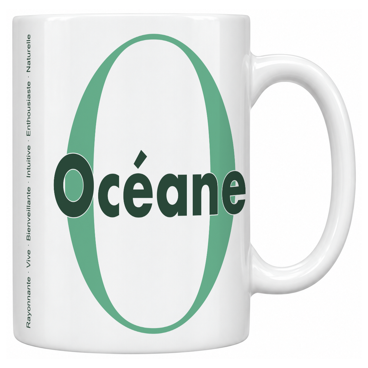 Mug blanc céramique 330 ml prénom Océane : grande initiale O, prénom Océane en lettres bold et six qualités verticales sur le côté