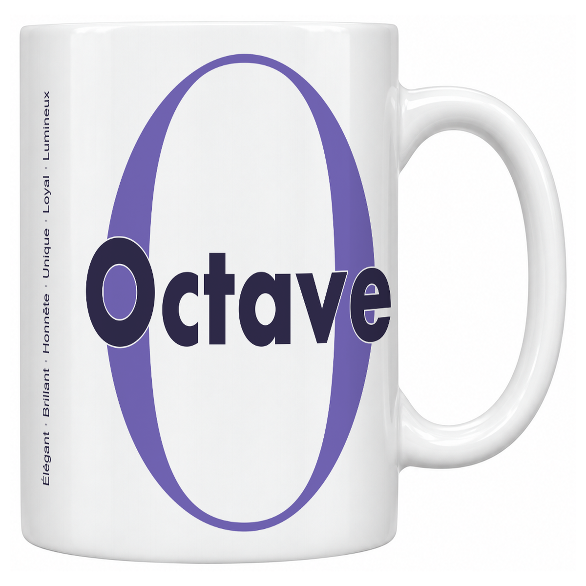 Mug blanc céramique 330 ml prénom Octave : grande initiale O, prénom Octave en lettres bold et six qualités verticales sur le côté