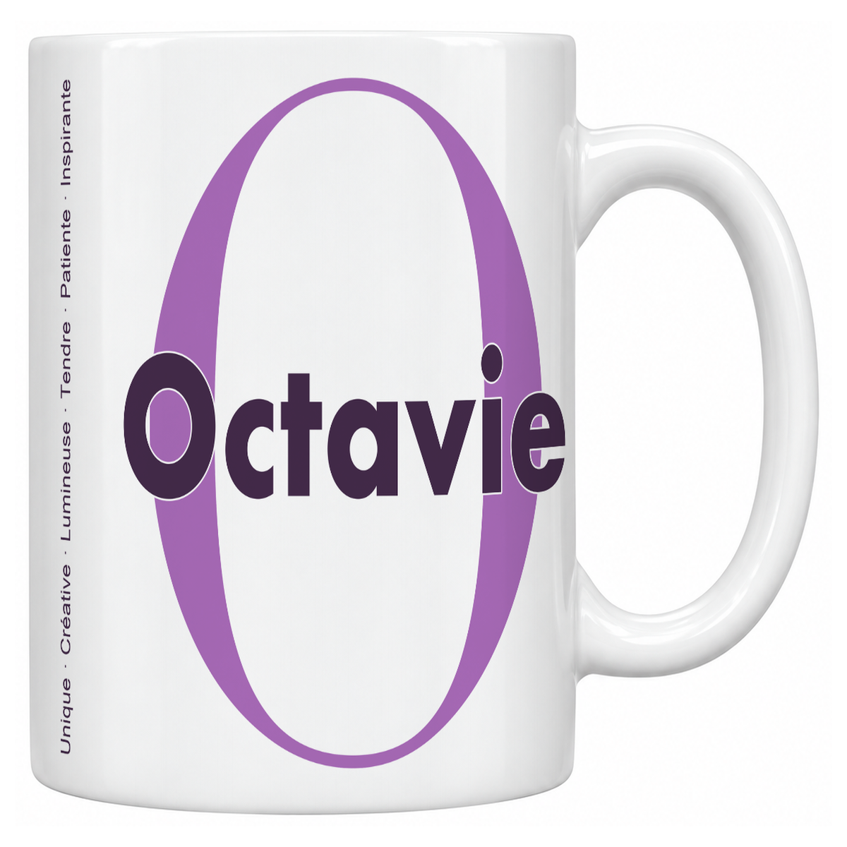 Mug blanc céramique 330 ml prénom Octavie : grande initiale O, prénom Octavie en lettres bold et six qualités verticales sur le côté