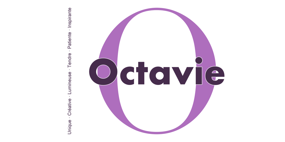 Visuel à plat du mug prénom Octavie : initiale O pleine hauteur, prénom Octavie centré et ligne verticale « Unique · Créative · Lumineuse · Tendre · Patiente · Inspirante »