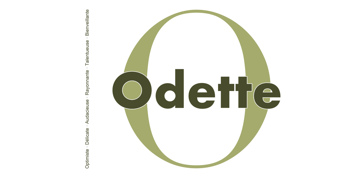 Visuel à plat du mug prénom Odette : initiale O pleine hauteur, prénom Odette centré et ligne verticale « Optimiste · Délicate · Audacieuse · Rayonnante · Talentueuse · Bienveillante »