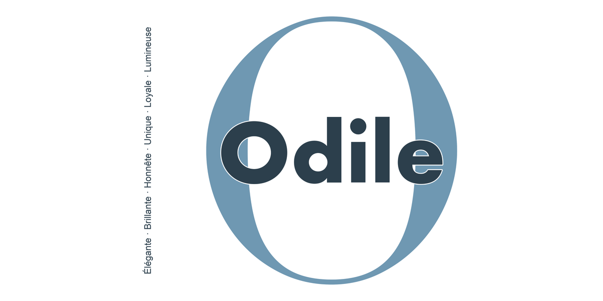 Visuel à plat du mug prénom Odile : initiale O pleine hauteur, prénom Odile centré et ligne verticale « Élégante · Brillante · Honnête · Unique · Loyale · Lumineuse »
