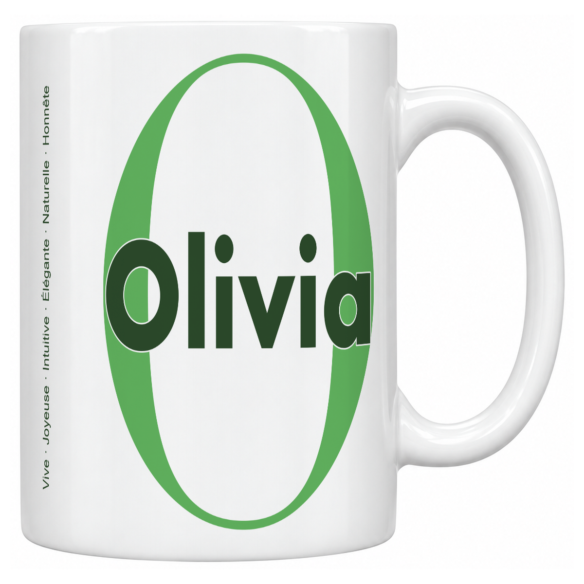 Mug blanc céramique 330 ml prénom Olivia : grande initiale O, prénom Olivia en lettres bold et six qualités verticales sur le côté