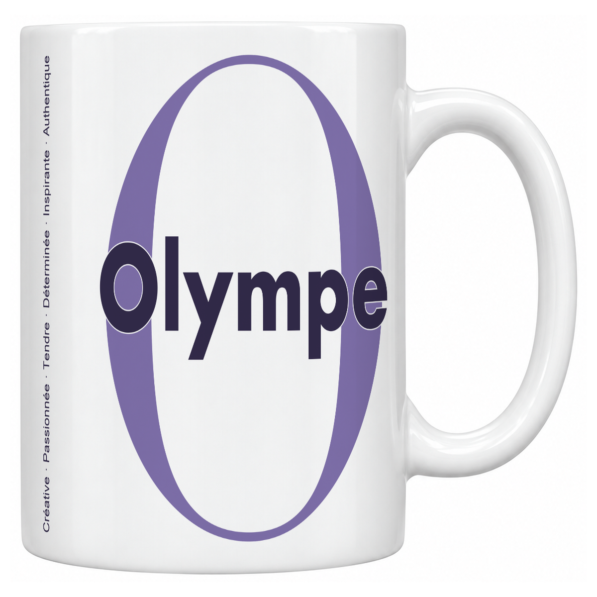 Mug blanc céramique 330 ml prénom Olympe : grande initiale O, prénom Olympe en lettres bold et six qualités verticales sur le côté