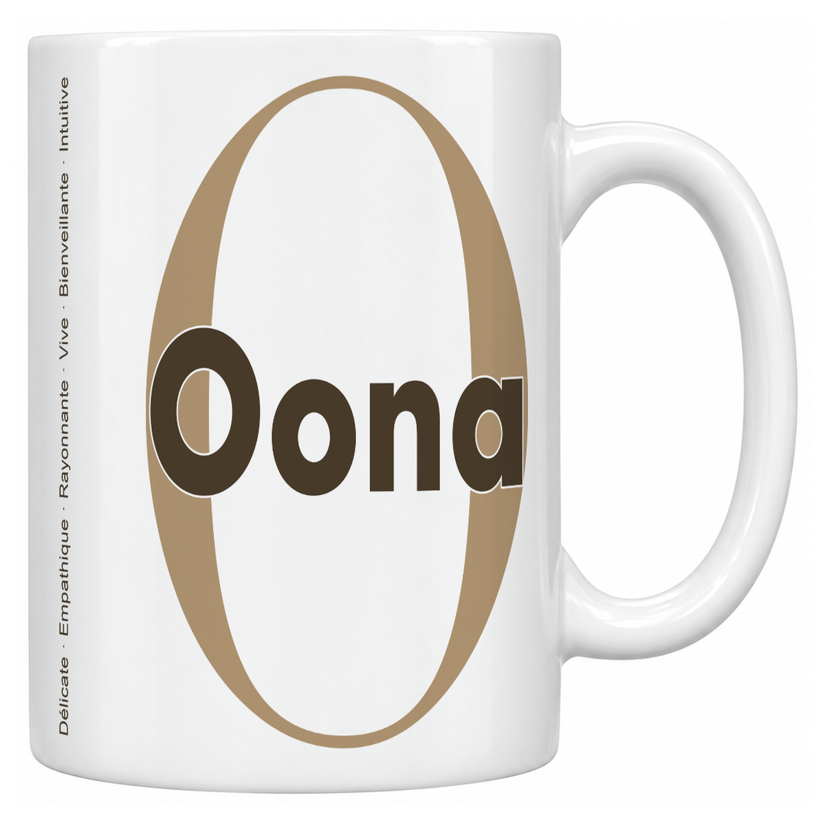 Mug blanc céramique 330 ml prénom Oona : grande initiale O, prénom Oona en lettres bold et six qualités verticales sur le côté