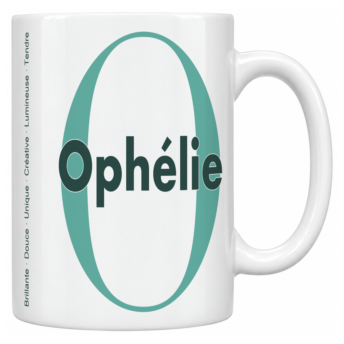 Mug blanc céramique 330 ml prénom Ophélie : grande initiale O, prénom Ophélie en lettres bold et six qualités verticales sur le côté