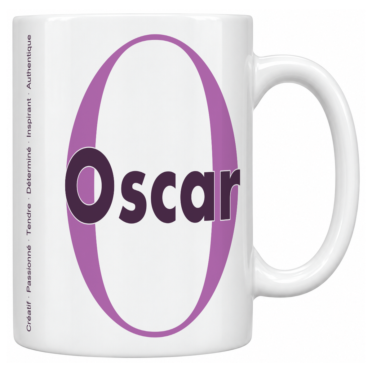 Mug blanc céramique 330 ml prénom Oscar : grande initiale O, prénom Oscar en lettres bold et six qualités verticales sur le côté