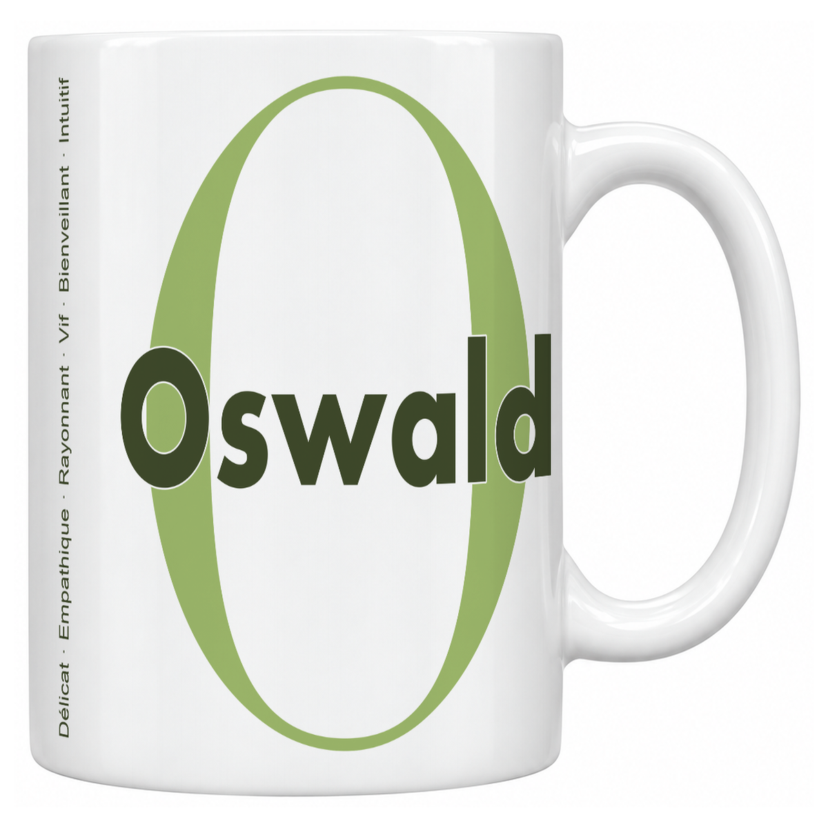 Mug blanc céramique 330 ml prénom Oswald : grande initiale O, prénom Oswald en lettres bold et six qualités verticales sur le côté