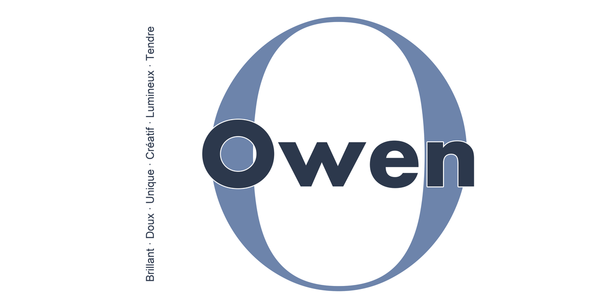 Visuel à plat du mug prénom Owen : initiale O pleine hauteur, prénom Owen centré et ligne verticale « Brillant · Doux · Unique · Créatif · Lumineux · Tendre »