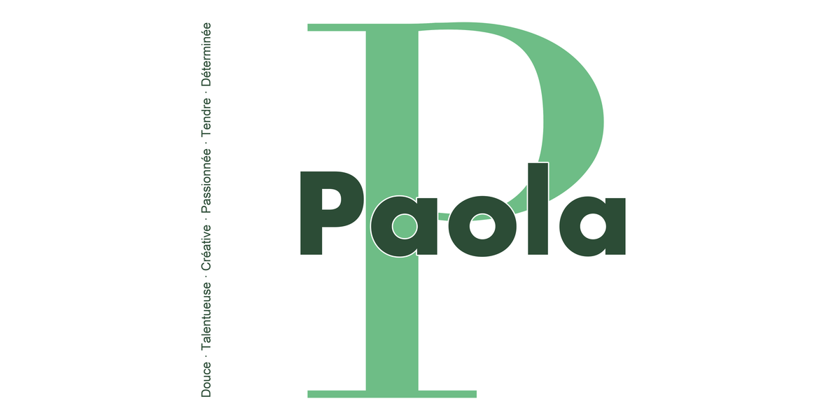 Visuel à plat du mug prénom Paola : initiale P pleine hauteur, prénom Paola centré et ligne verticale « Douce · Talentueuse · Créative · Passionnée · Tendre · Déterminée »