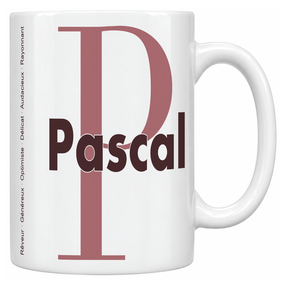 Mug blanc céramique 330 ml prénom Pascal : grande initiale P, prénom Pascal en lettres bold et six qualités verticales sur le côté