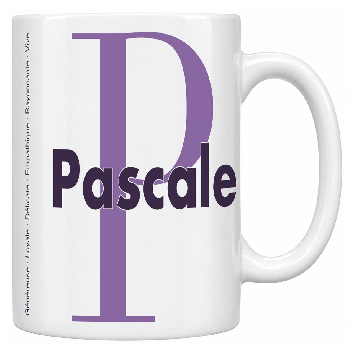 Mug blanc céramique 330 ml prénom Pascale : grande initiale P, prénom Pascale en lettres bold et six qualités verticales sur le côté