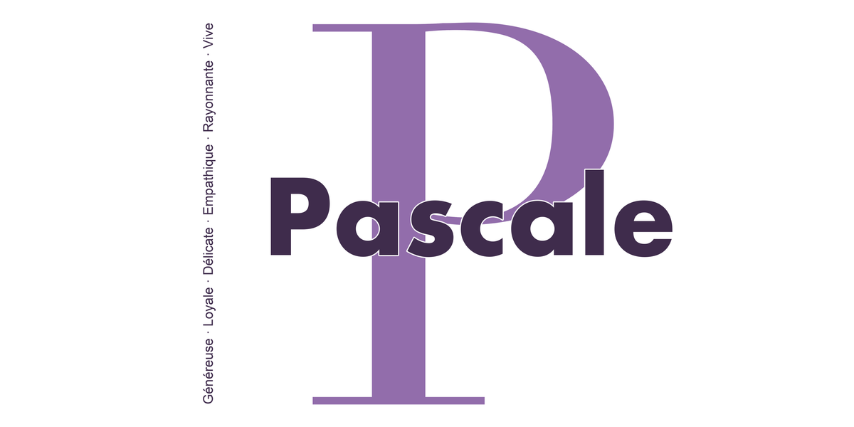 Visuel à plat du mug prénom Pascale : initiale P pleine hauteur, prénom Pascale centré et ligne verticale « Généreuse · Loyale · Délicate · Empathique · Rayonnante · Vive »