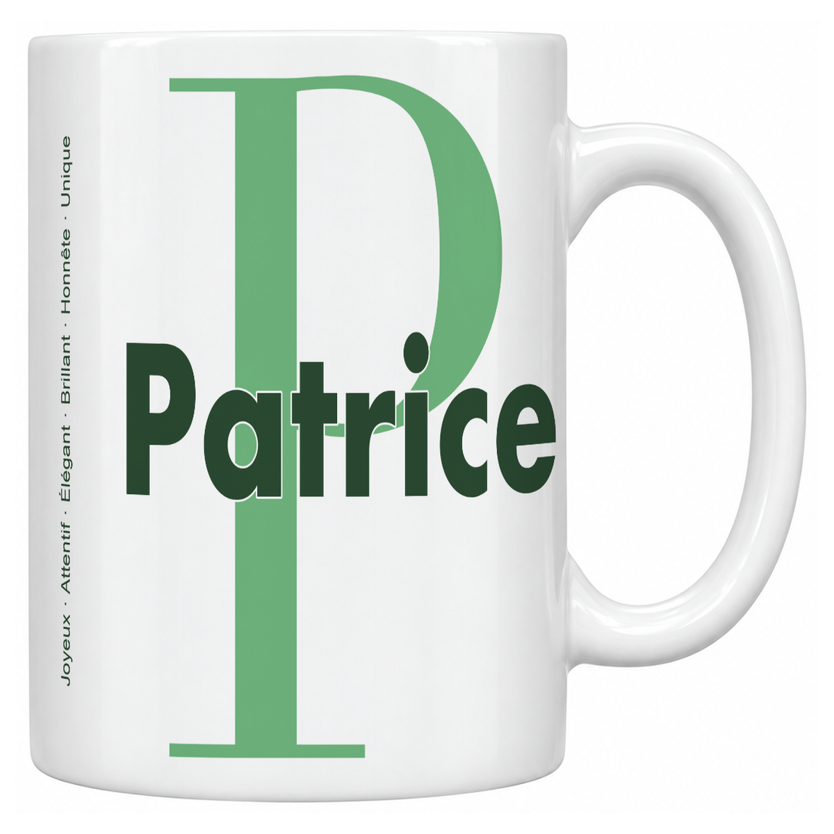 Mug blanc céramique 330 ml prénom Patrice : grande initiale P, prénom Patrice en lettres bold et six qualités verticales sur le côté