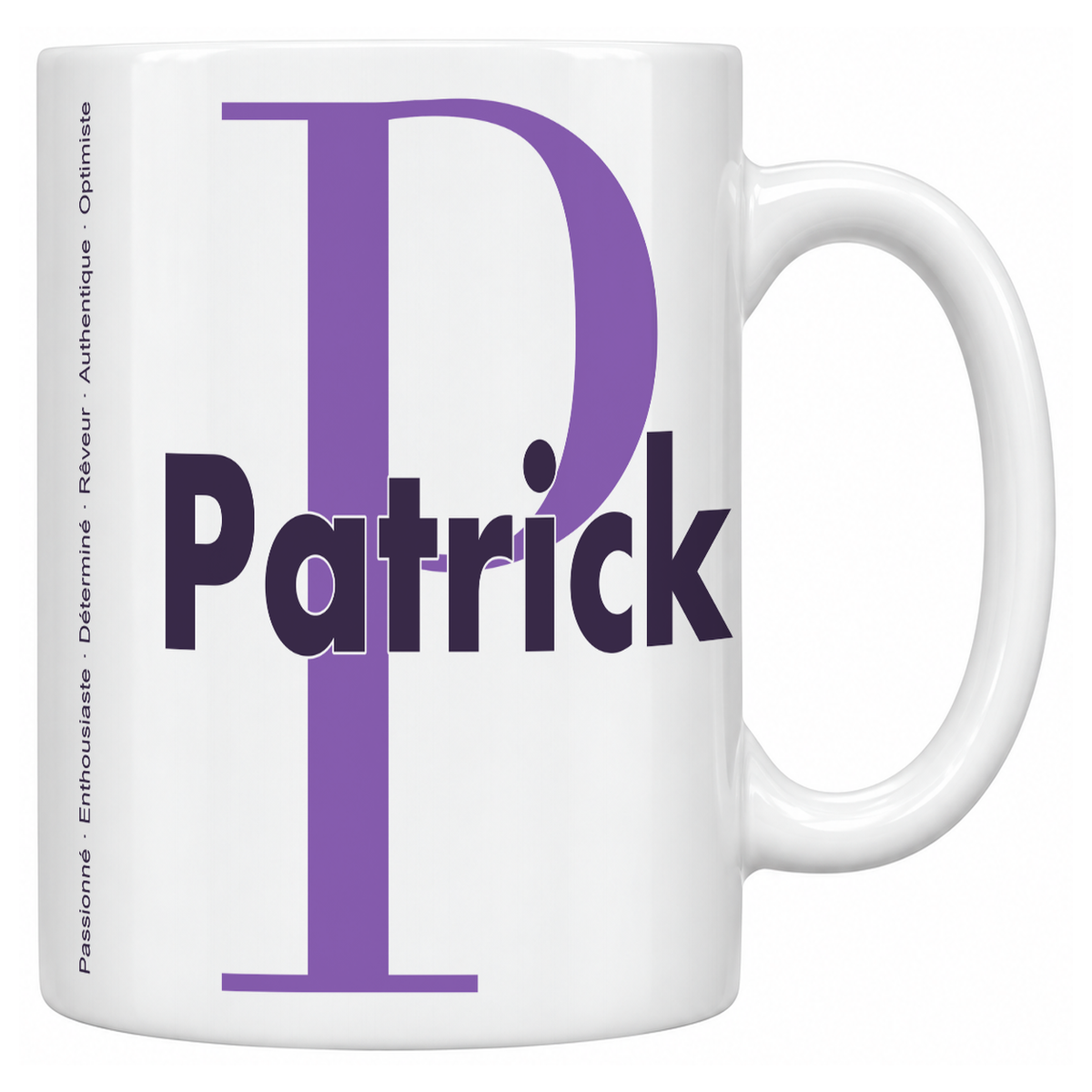 Mug blanc céramique 330 ml prénom Patrick : grande initiale P, prénom Patrick en lettres bold et six qualités verticales sur le côté