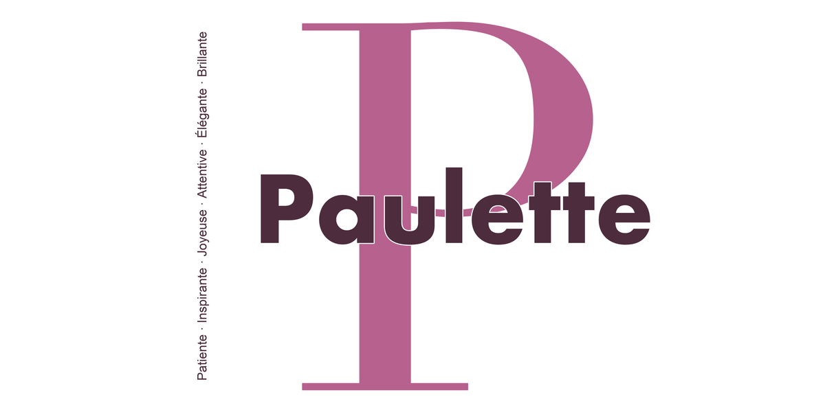 Visuel à plat du mug prénom Paulette : initiale P pleine hauteur, prénom Paulette centré et ligne verticale « Patiente · Inspirante · Joyeuse · Attentive · Élégante · Brillante »