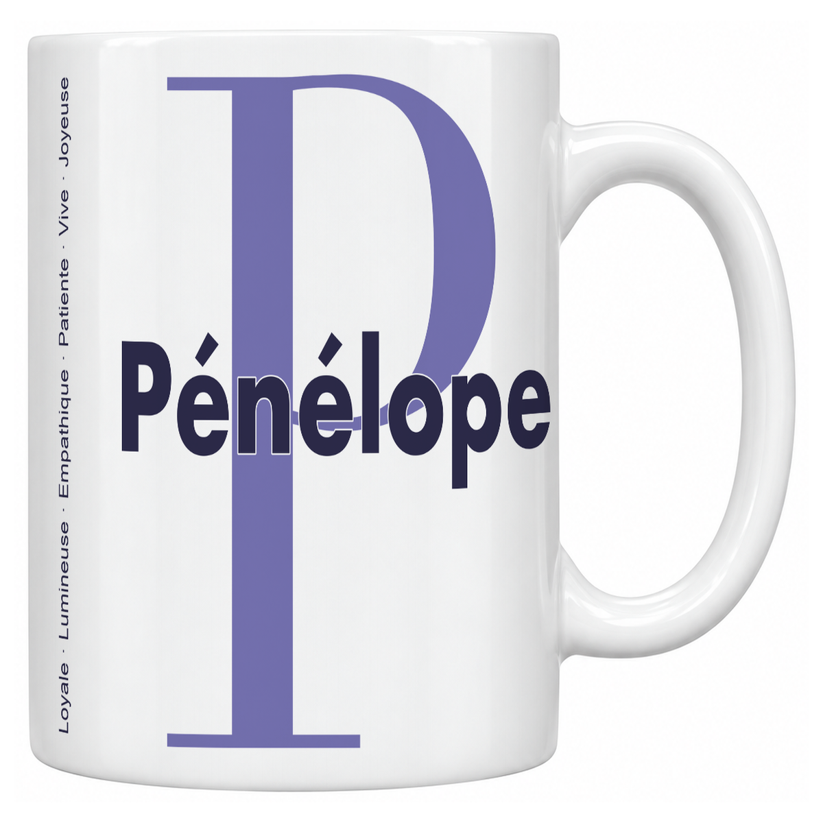 Mug blanc céramique 330 ml prénom Pénélope : grande initiale P, prénom Pénélope en lettres bold et six qualités verticales sur le côté