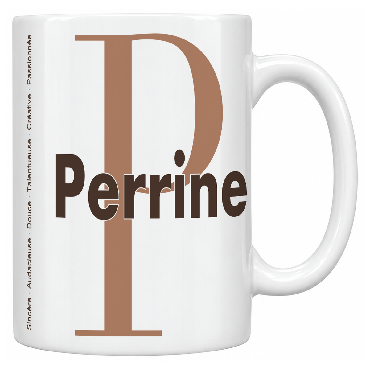 Mug blanc céramique 330 ml prénom Perrine : grande initiale P, prénom Perrine en lettres bold et six qualités verticales sur le côté