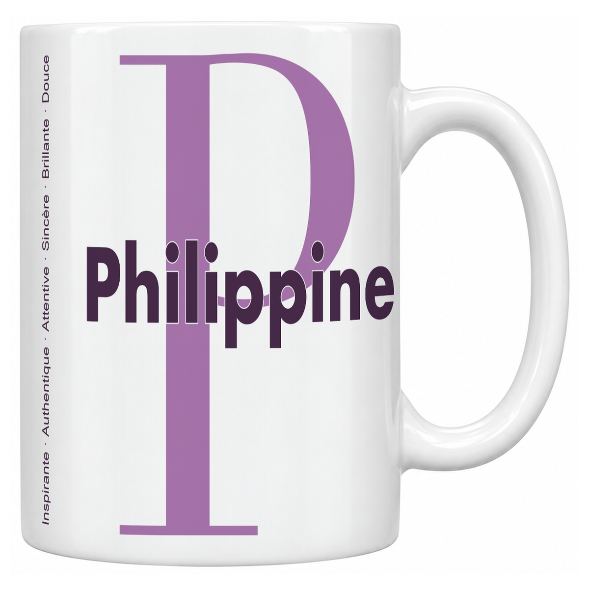 Mug blanc céramique 330 ml prénom Philippine : grande initiale P, prénom Philippine en lettres bold et six qualités verticales sur le côté