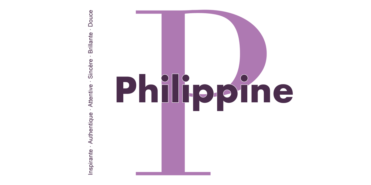 Visuel à plat du mug prénom Philippine : initiale P pleine hauteur, prénom Philippine centré et ligne verticale « Inspirante · Authentique · Attentive · Sincère · Brillante · Douce »