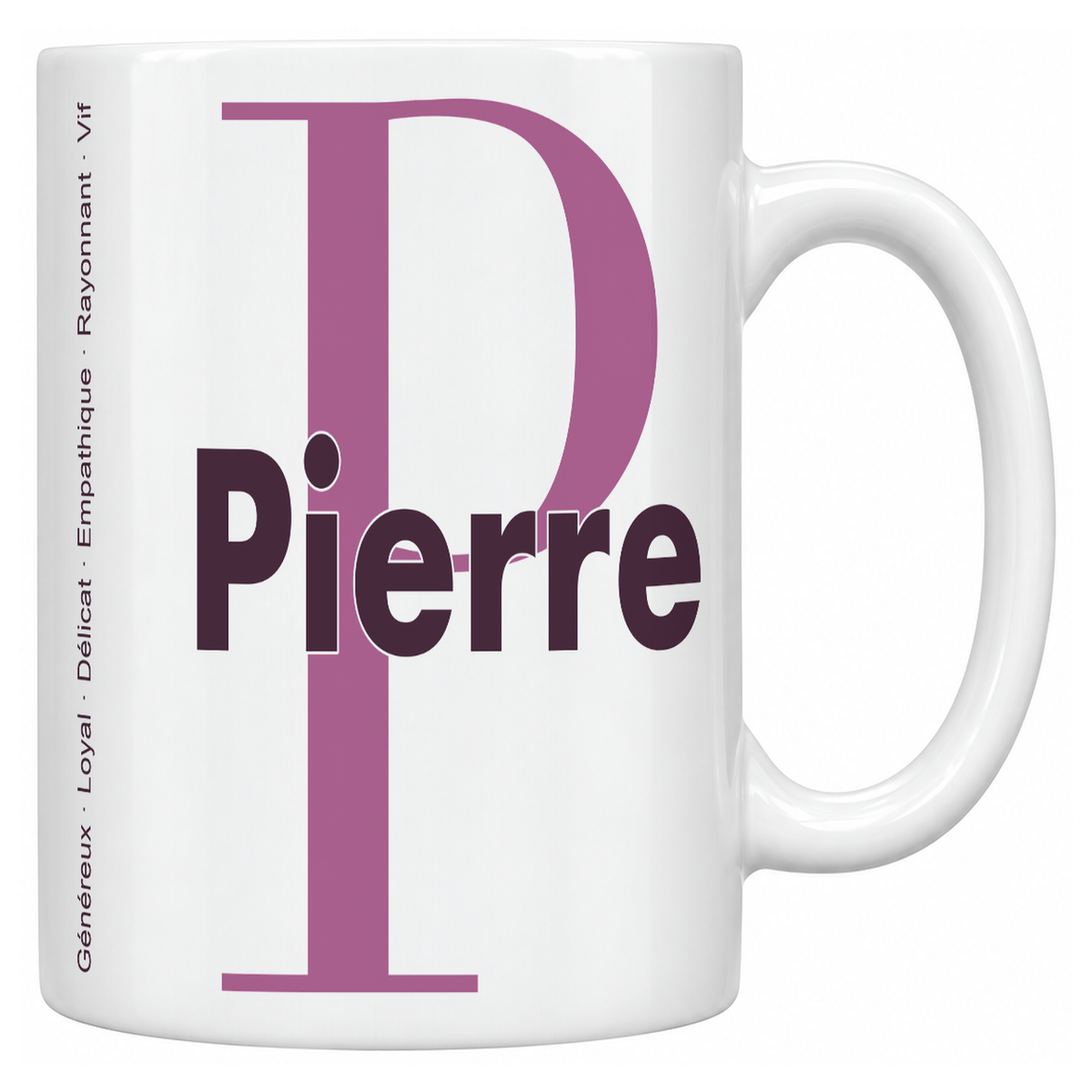 Mug blanc céramique 330 ml prénom Pierre : grande initiale P, prénom Pierre en lettres bold et six qualités verticales sur le côté