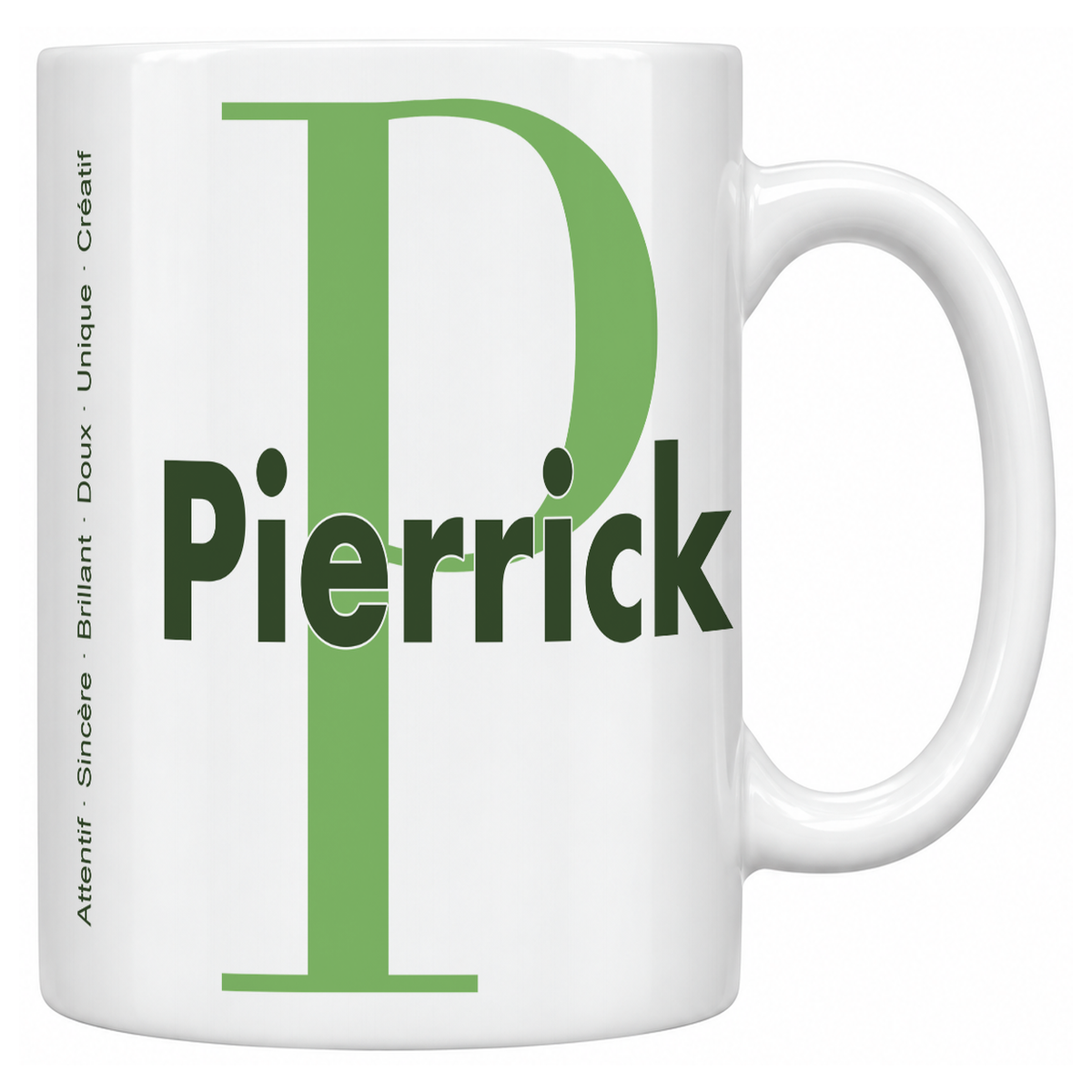 Mug blanc céramique 330 ml prénom Pierrick : grande initiale P, prénom Pierrick en lettres bold et six qualités verticales sur le côté