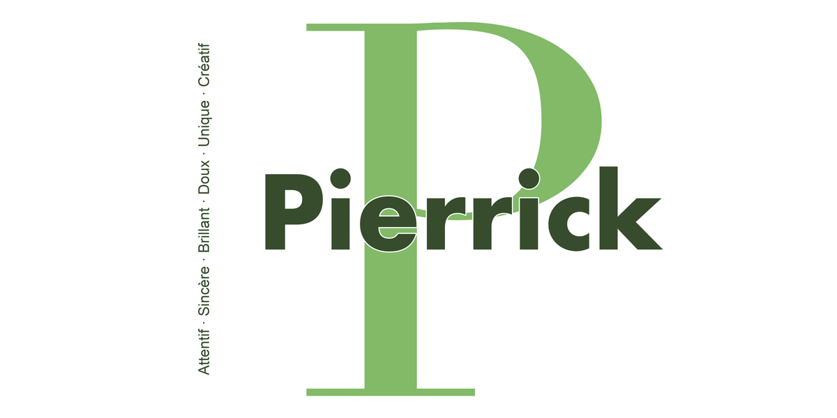 Visuel à plat du mug prénom Pierrick : initiale P pleine hauteur, prénom Pierrick centré et ligne verticale « Attentif · Sincère · Brillant · Doux · Unique · Créatif »