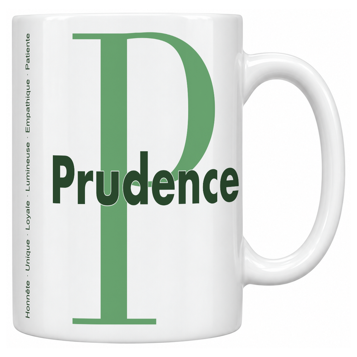 Mug blanc céramique 330 ml prénom Prudence : grande initiale P, prénom Prudence en lettres bold et six qualités verticales sur le côté