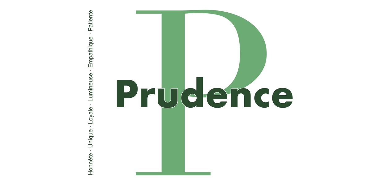 Visuel à plat du mug prénom Prudence : initiale P pleine hauteur, prénom Prudence centré et ligne verticale « Honnête · Unique · Loyale · Lumineuse · Empathique · Patiente »