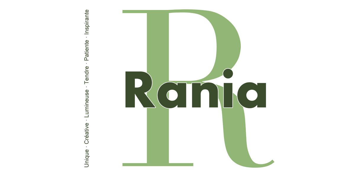 Visuel à plat du mug prénom Rania : initiale R pleine hauteur, prénom Rania centré et ligne verticale « Unique · Créative · Lumineuse · Tendre · Patiente · Inspirante »