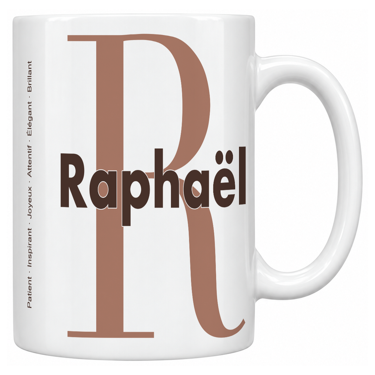 Mug blanc céramique 330 ml prénom Raphaël : grande initiale R, prénom Raphaël en lettres bold et six qualités verticales sur le côté