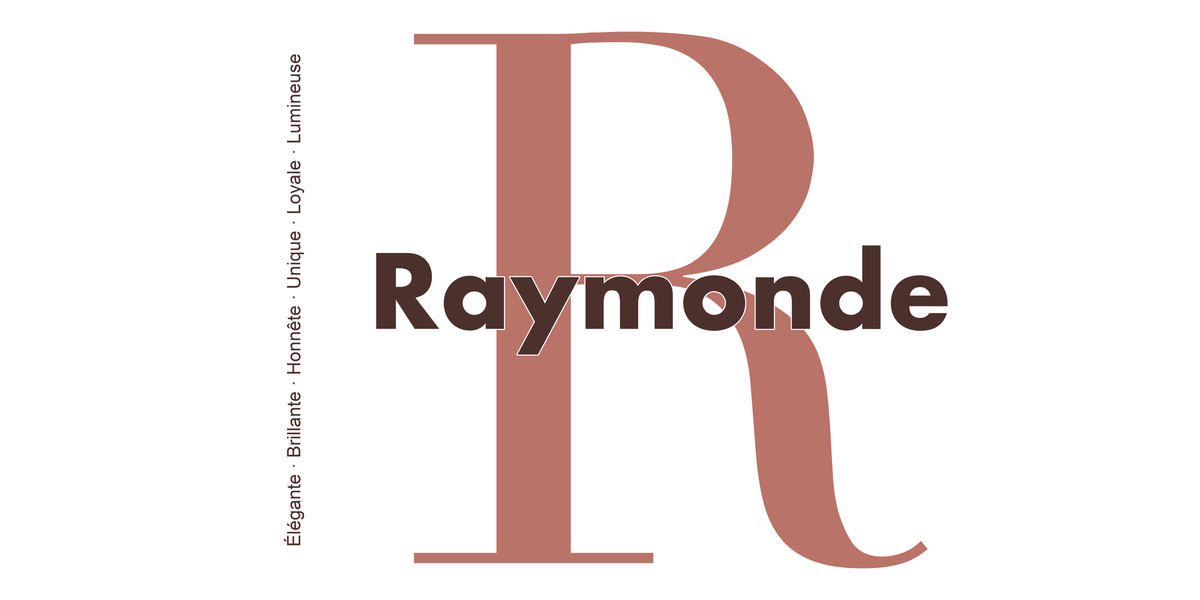 Visuel à plat du mug prénom Raymonde : initiale R pleine hauteur, prénom Raymonde centré et ligne verticale « Élégante · Brillante · Honnête · Unique · Loyale · Lumineuse »