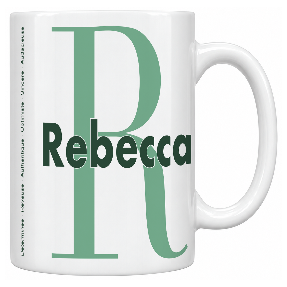 Mug blanc céramique 330 ml prénom Rebecca : grande initiale R, prénom Rebecca en lettres bold et six qualités verticales sur le côté
