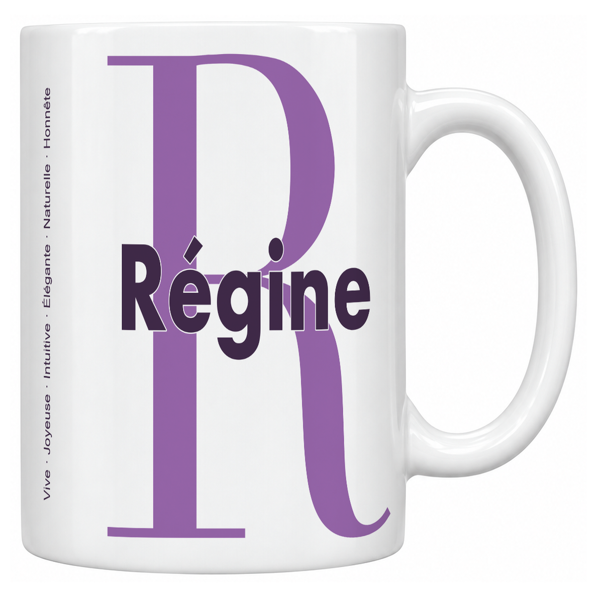 Mug blanc céramique 330 ml prénom Régine : grande initiale R, prénom Régine en lettres bold et six qualités verticales sur le côté