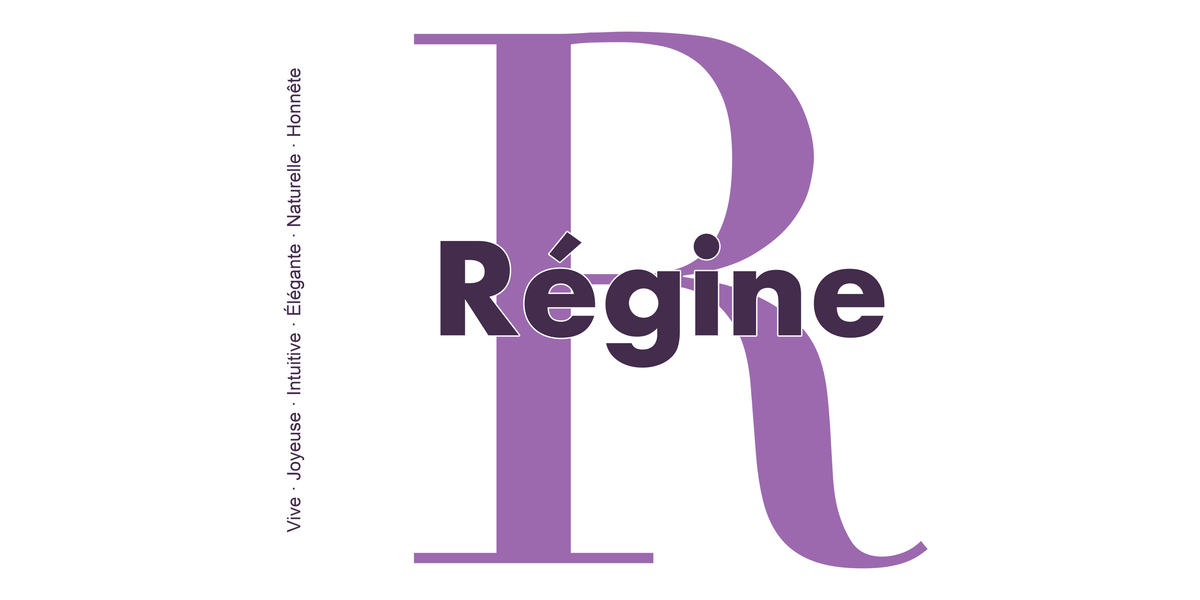 Visuel à plat du mug prénom Régine : initiale R pleine hauteur, prénom Régine centré et ligne verticale « Vive · Joyeuse · Intuitive · Élégante · Naturelle · Honnête »