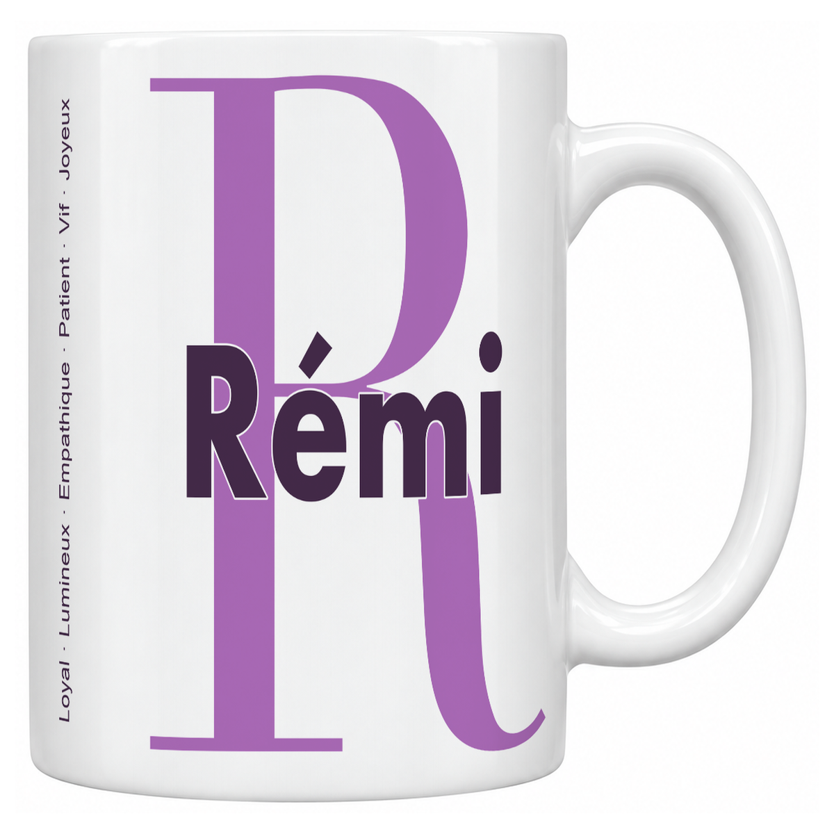 Mug blanc céramique 330 ml prénom Rémi : grande initiale R, prénom Rémi en lettres bold et six qualités verticales sur le côté
