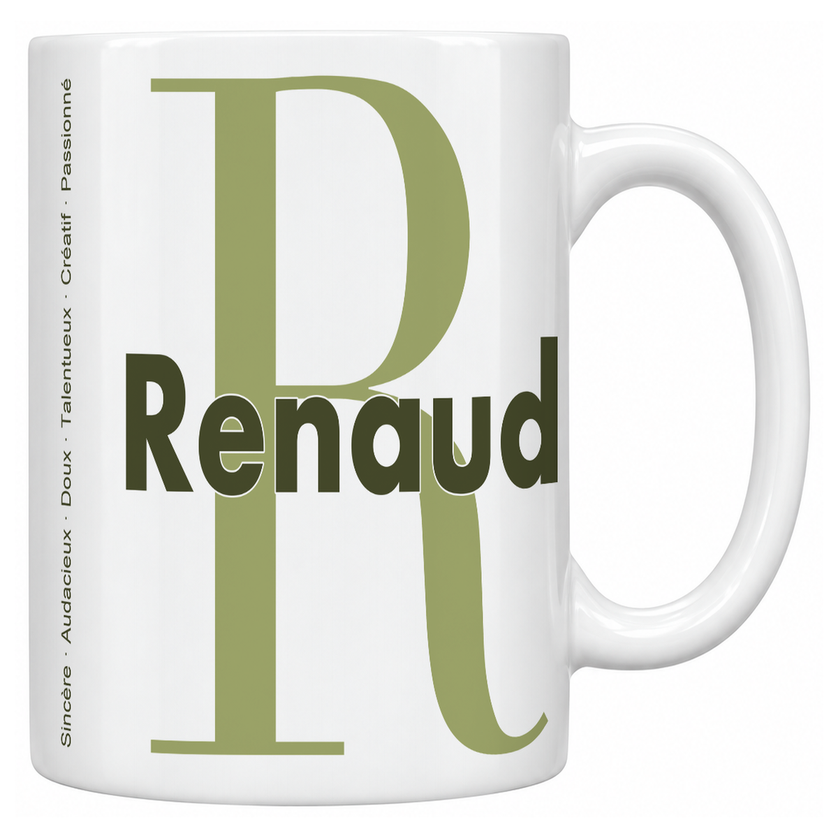 Mug blanc céramique 330 ml prénom Renaud : grande initiale R, prénom Renaud en lettres bold et six qualités verticales sur le côté