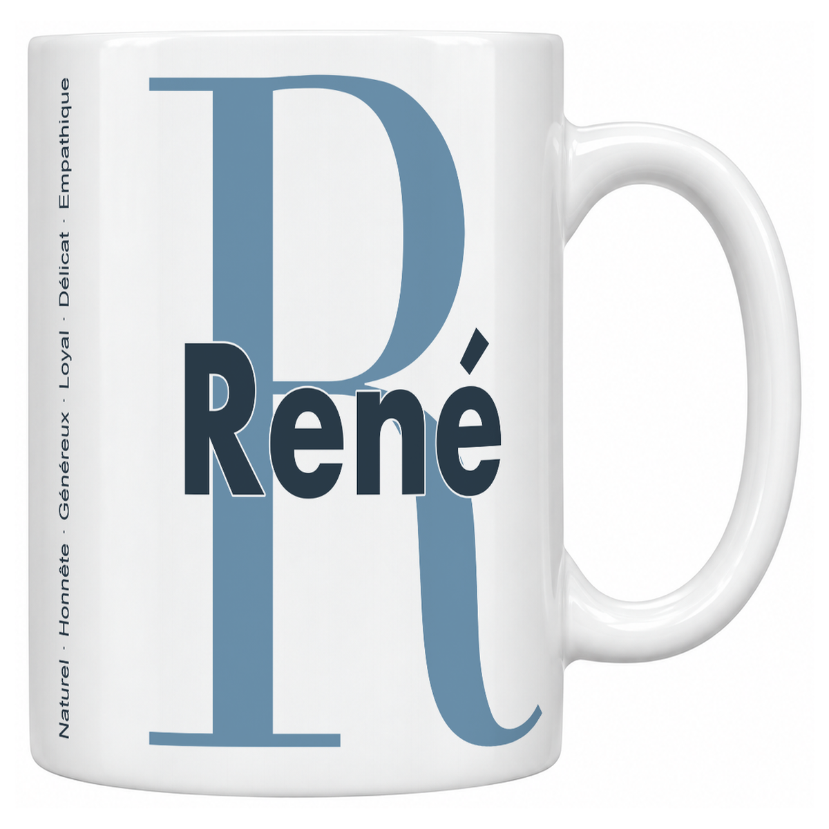 Mug blanc céramique 330 ml prénom René : grande initiale R, prénom René en lettres bold et six qualités verticales sur le côté