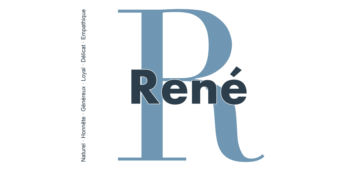 Visuel à plat du mug prénom René : initiale R pleine hauteur, prénom René centré et ligne verticale « Naturel · Honnête · Généreux · Loyal · Délicat · Empathique »