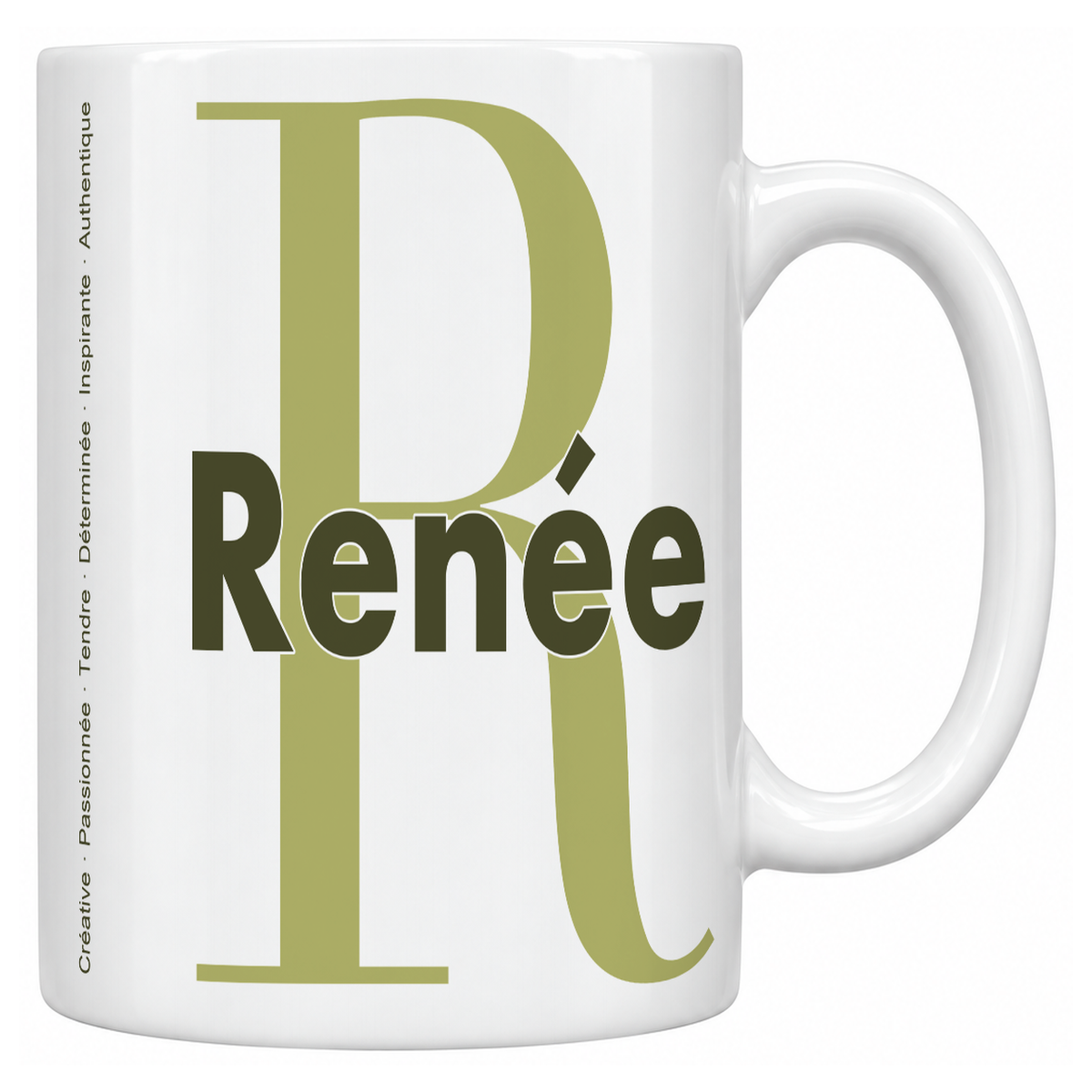 Mug blanc céramique 330 ml prénom Renée : grande initiale R, prénom Renée en lettres bold et six qualités verticales sur le côté