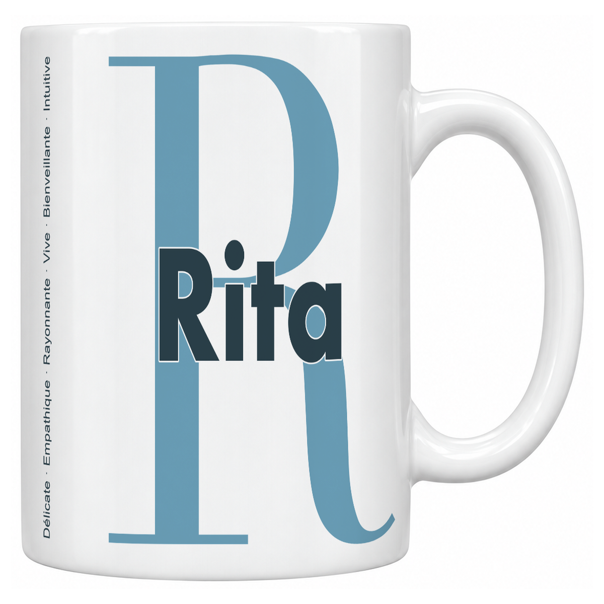Mug blanc céramique 330 ml prénom Rita : grande initiale R, prénom Rita en lettres bold et six qualités verticales sur le côté