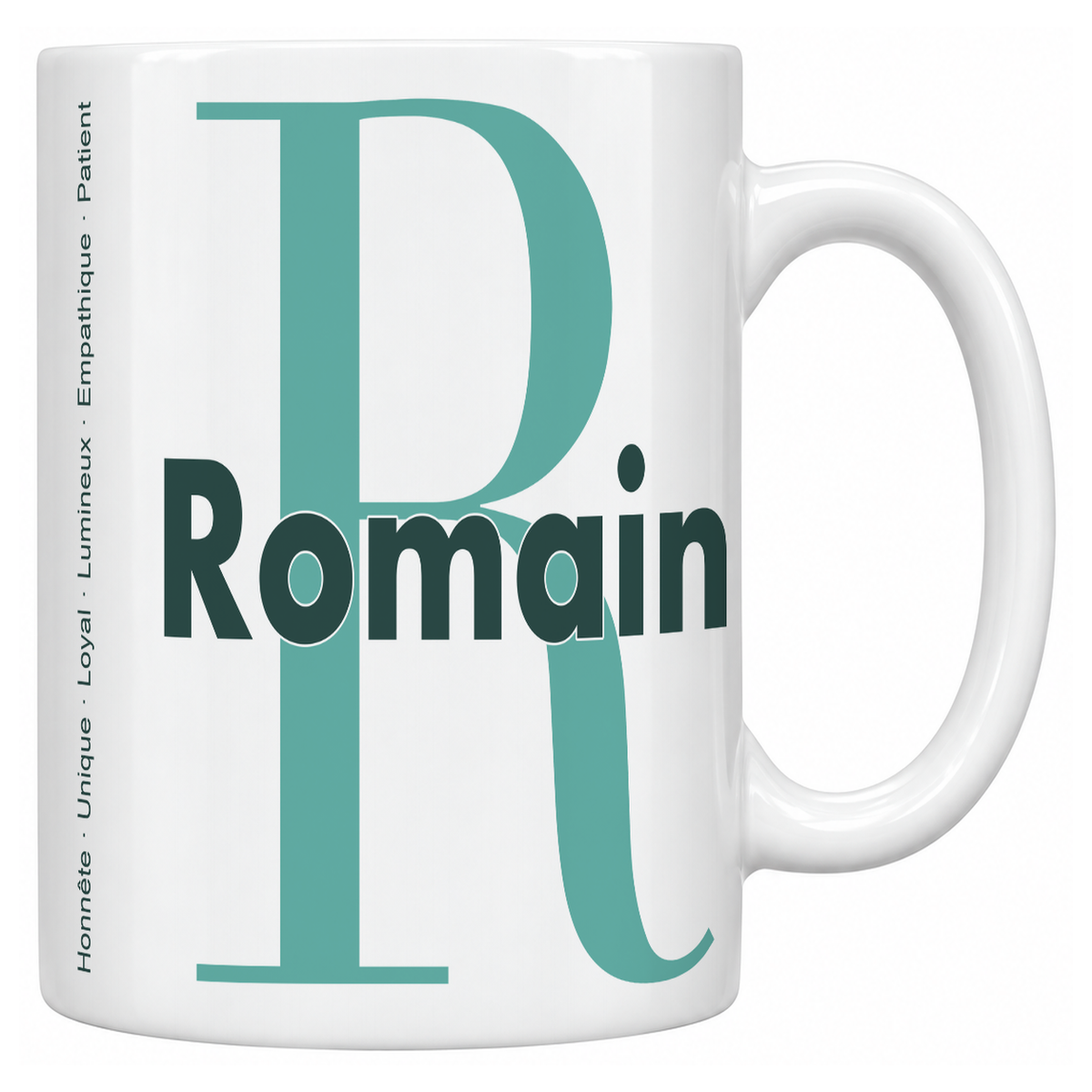 Mug blanc céramique 330 ml prénom Romain : grande initiale R, prénom Romain en lettres bold et six qualités verticales sur le côté