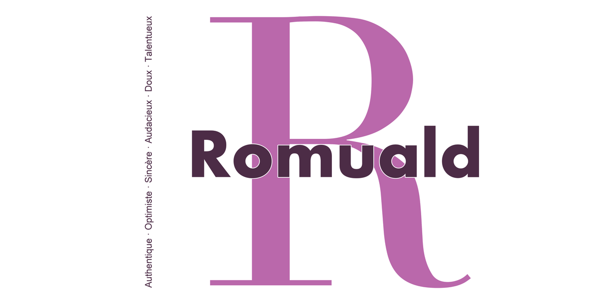 Visuel à plat du mug prénom Romuald : initiale R pleine hauteur, prénom Romuald centré et ligne verticale « Authentique · Optimiste · Sincère · Audacieux · Doux · Talentueux »