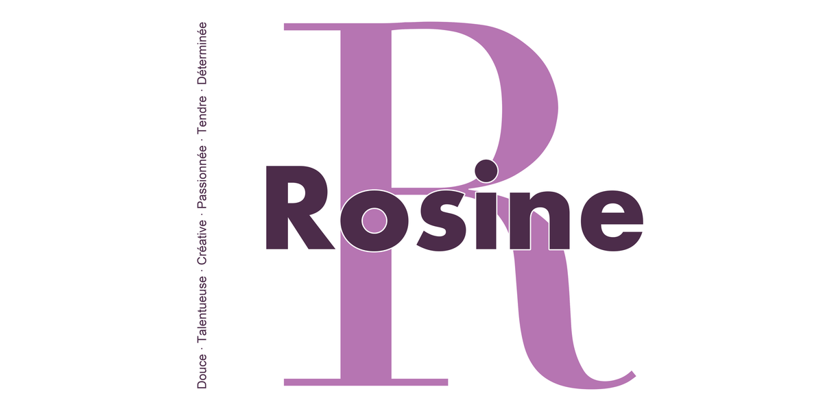 Visuel à plat du mug prénom Rosine : initiale R pleine hauteur, prénom Rosine centré et ligne verticale « Douce · Talentueuse · Créative · Passionnée · Tendre · Déterminée »